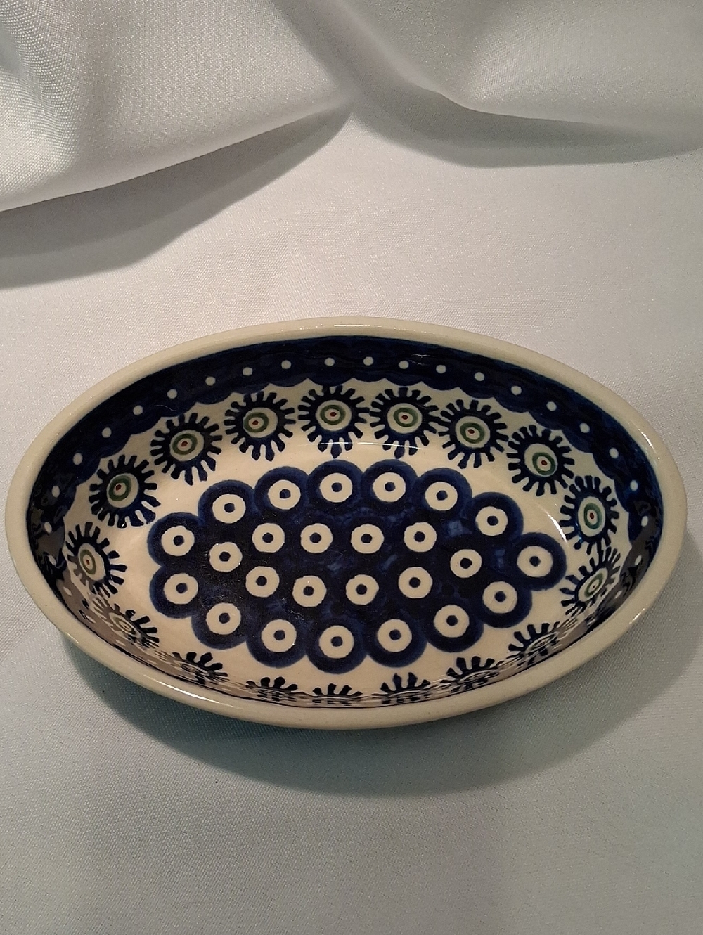 Boleslawiec Hand-Painted Ceramic Oval Dish in Navy and Cream Made In Poland